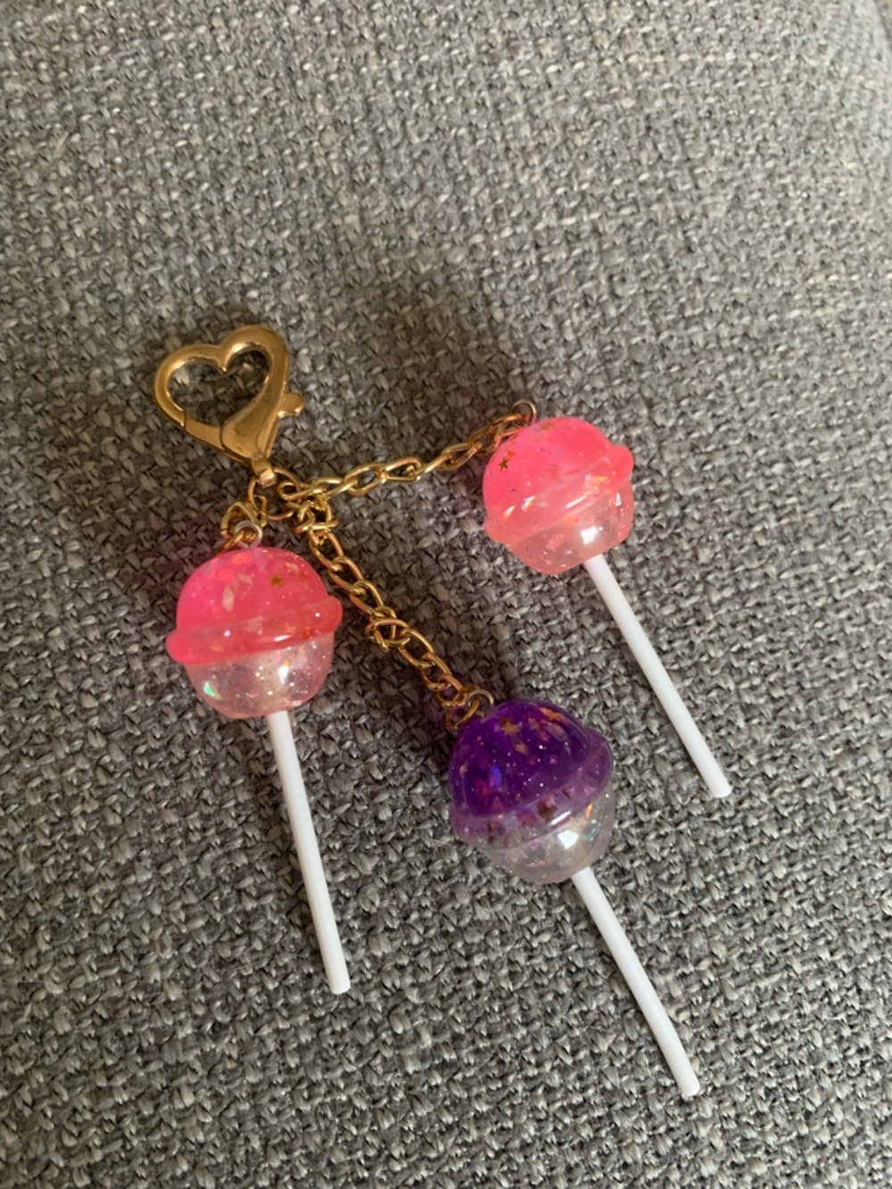 Kids Heart Clip Keychain with Pink and Purple Lollipop Charms